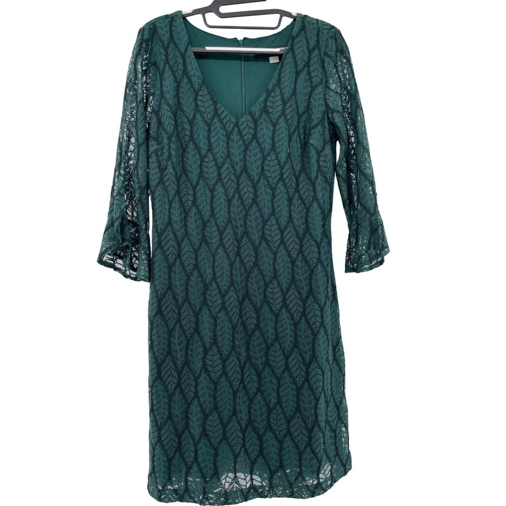 Karl Lagerfeld Paris Green Leaf Lace V-Neck Bell Sleeve Sheath Dress Size 6